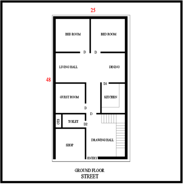 25x48 house plan with shop